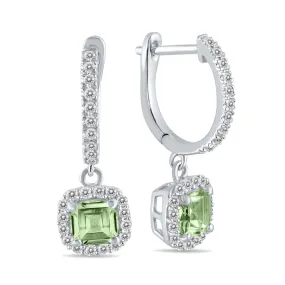 1 Carat Green Amethyst And Diamond Halo Dangle Earrings In 10K White Gold