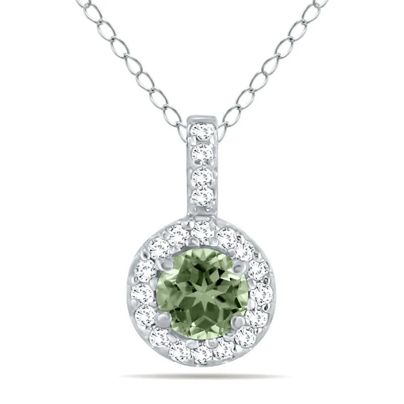 1/2 Carat Tw Halo Green Amethyst And Diamond Pendant In 10K White Gold