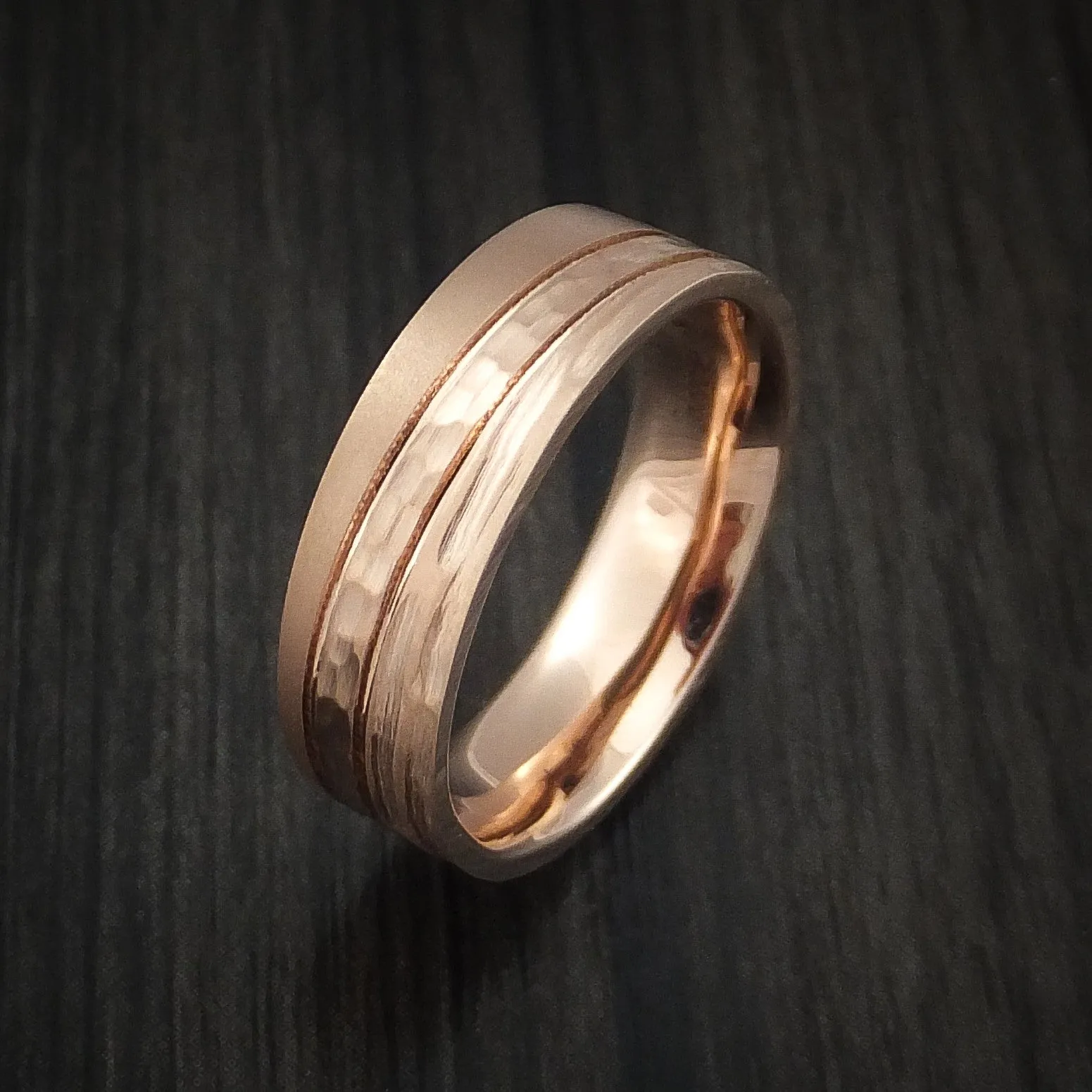 14K Rose Gold Men's Ring with Three Finishes Hammer and Tree Bark Custom Made Band