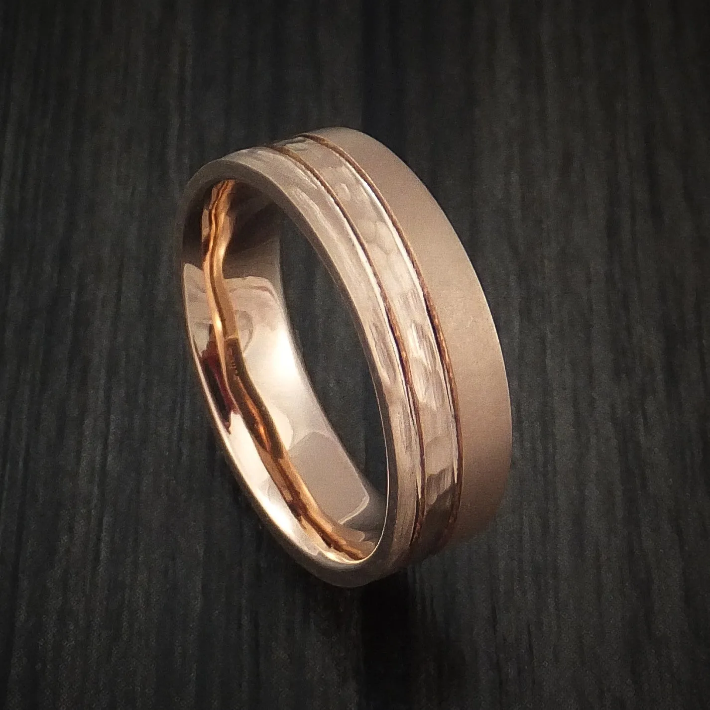 14K Rose Gold Men's Ring with Three Finishes Hammer and Tree Bark Custom Made Band