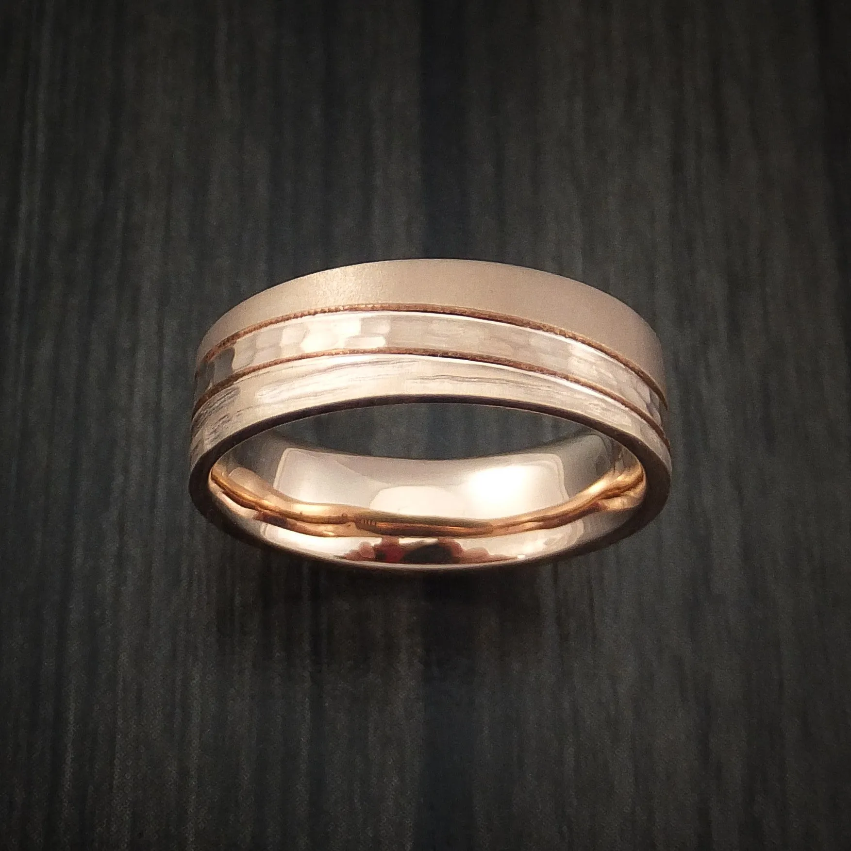 14K Rose Gold Men's Ring with Three Finishes Hammer and Tree Bark Custom Made Band