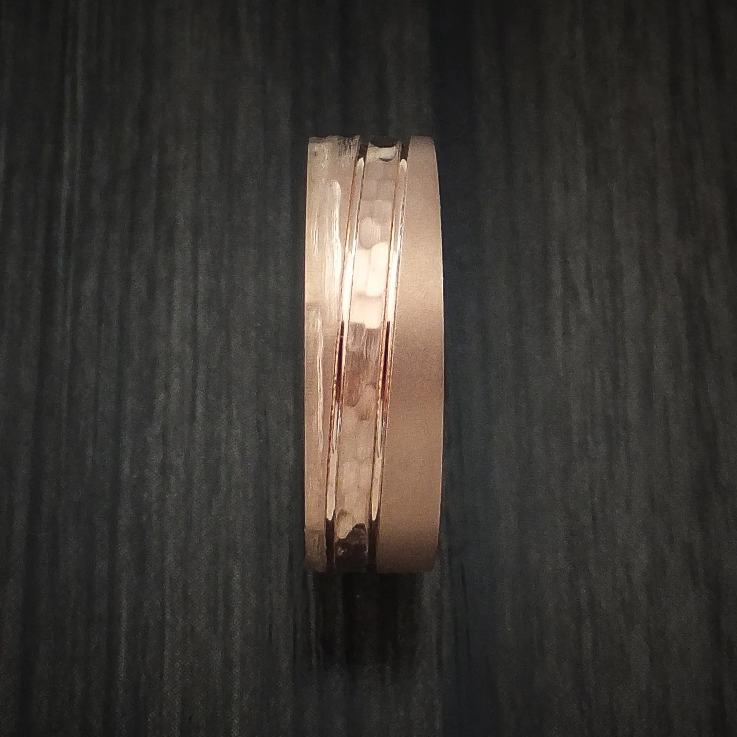 14K Rose Gold Men's Ring with Three Finishes Hammer and Tree Bark Custom Made Band