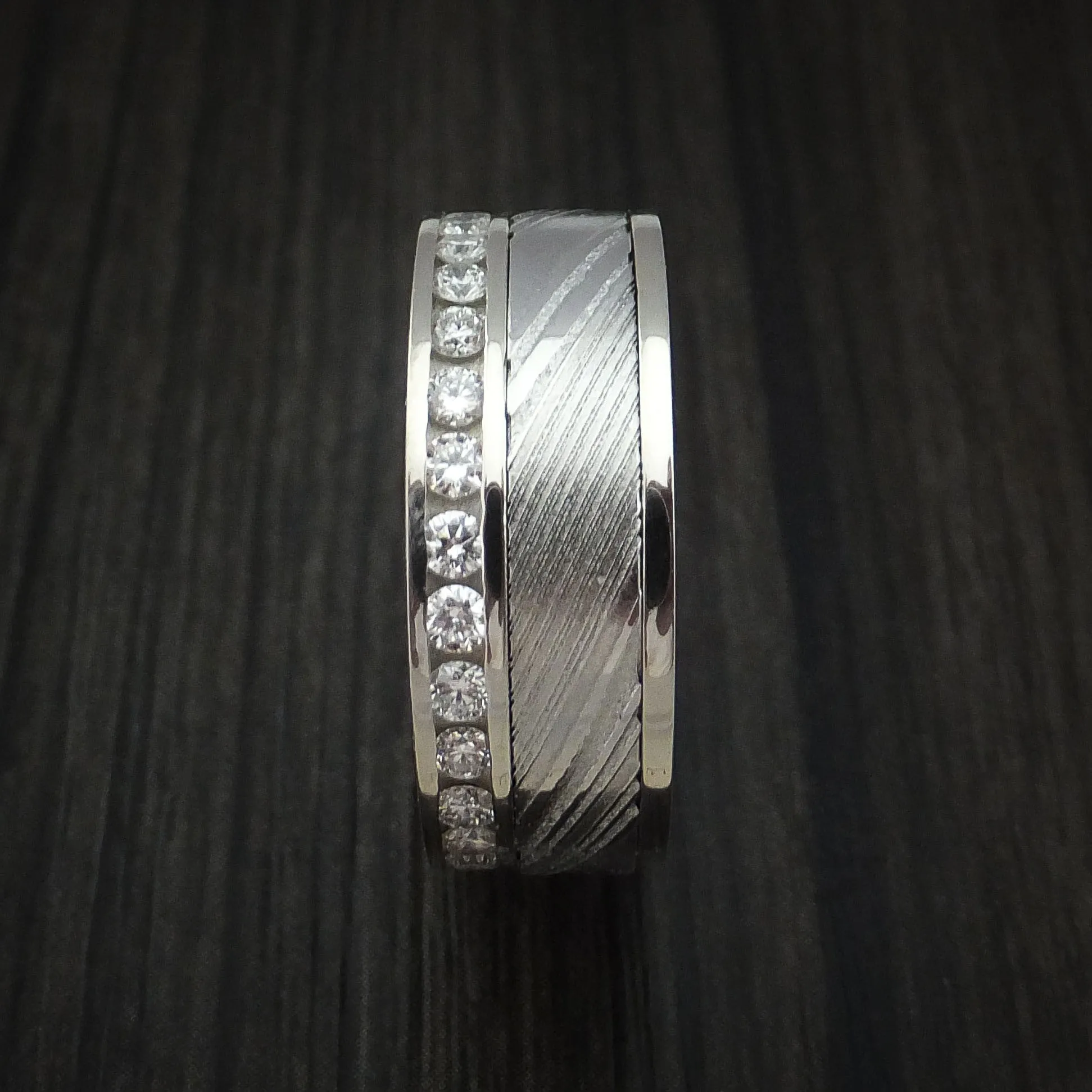 14K White Gold and Diamond Eternity Men's Ring with Kuro Damascus Steel and Titanium Sleeve Custom Made Band