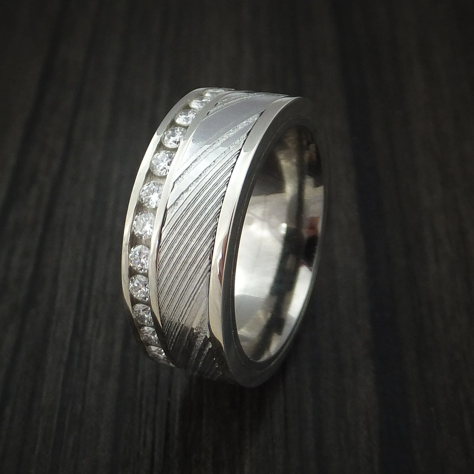 14K White Gold and Diamond Eternity Men's Ring with Kuro Damascus Steel and Titanium Sleeve Custom Made Band