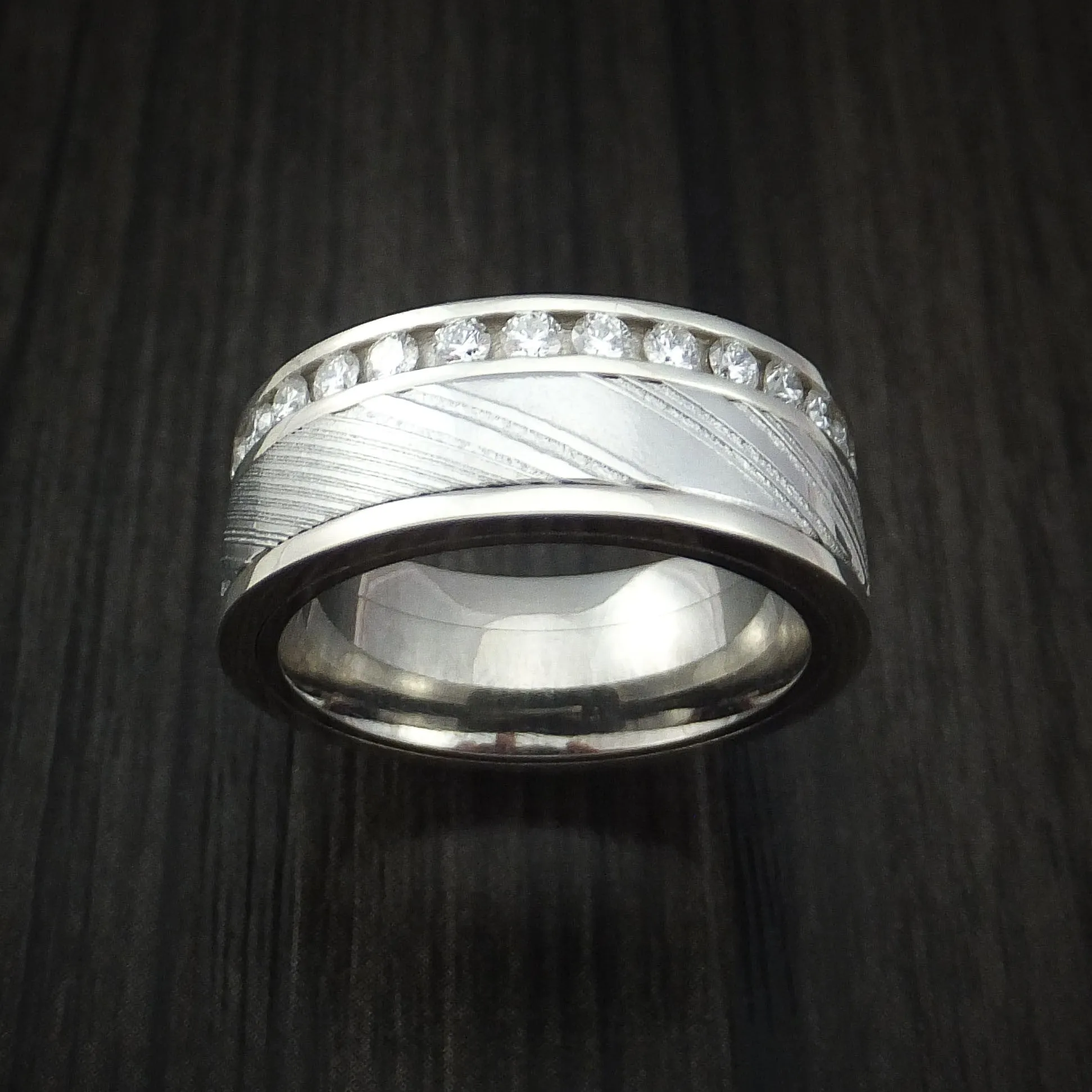 14K White Gold and Diamond Eternity Men's Ring with Kuro Damascus Steel and Titanium Sleeve Custom Made Band