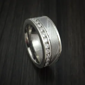 14K White Gold and Diamond Eternity Men's Ring with Kuro Damascus Steel and Titanium Sleeve Custom Made Band