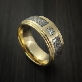 14K Yellow Gold and Meteorite Men's Ring with Beautiful Diamond Custom Made