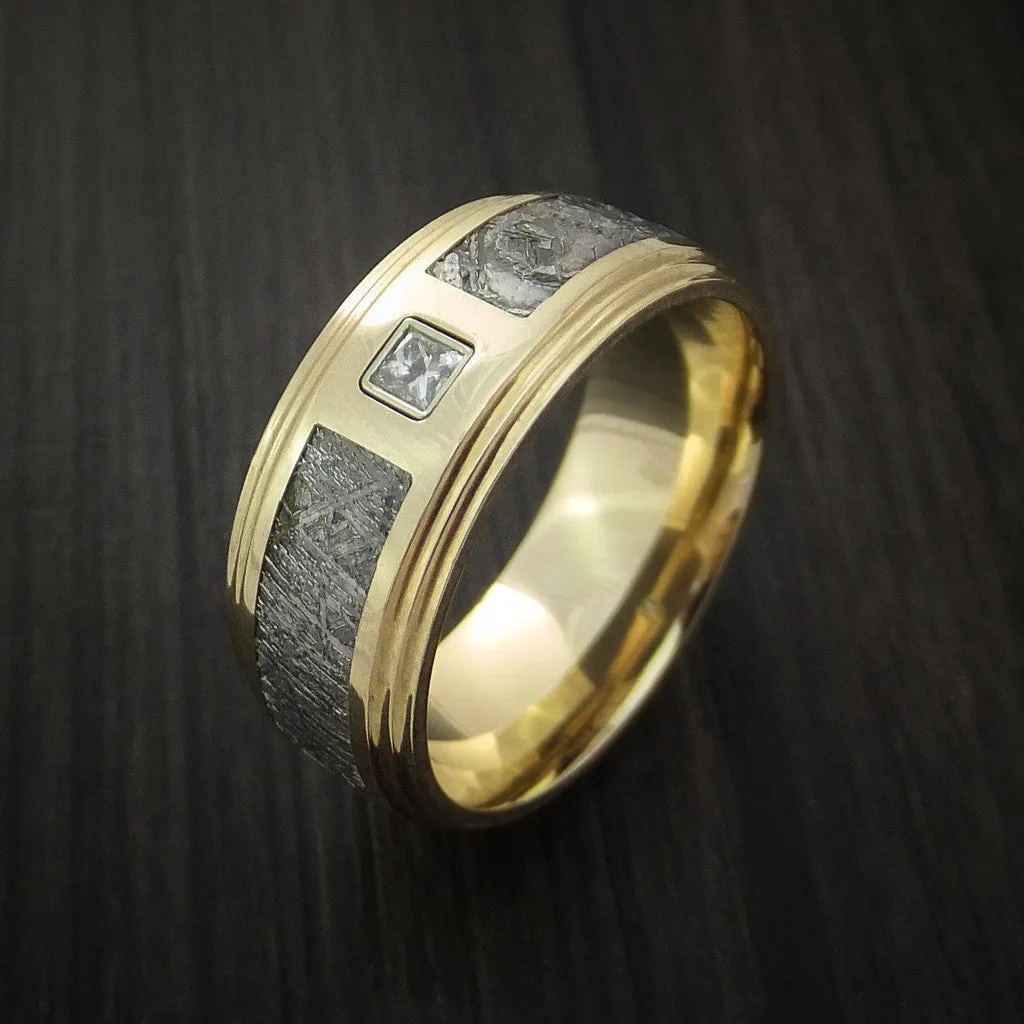 14K Yellow Gold and Meteorite Men's Ring with Beautiful Diamond Custom Made