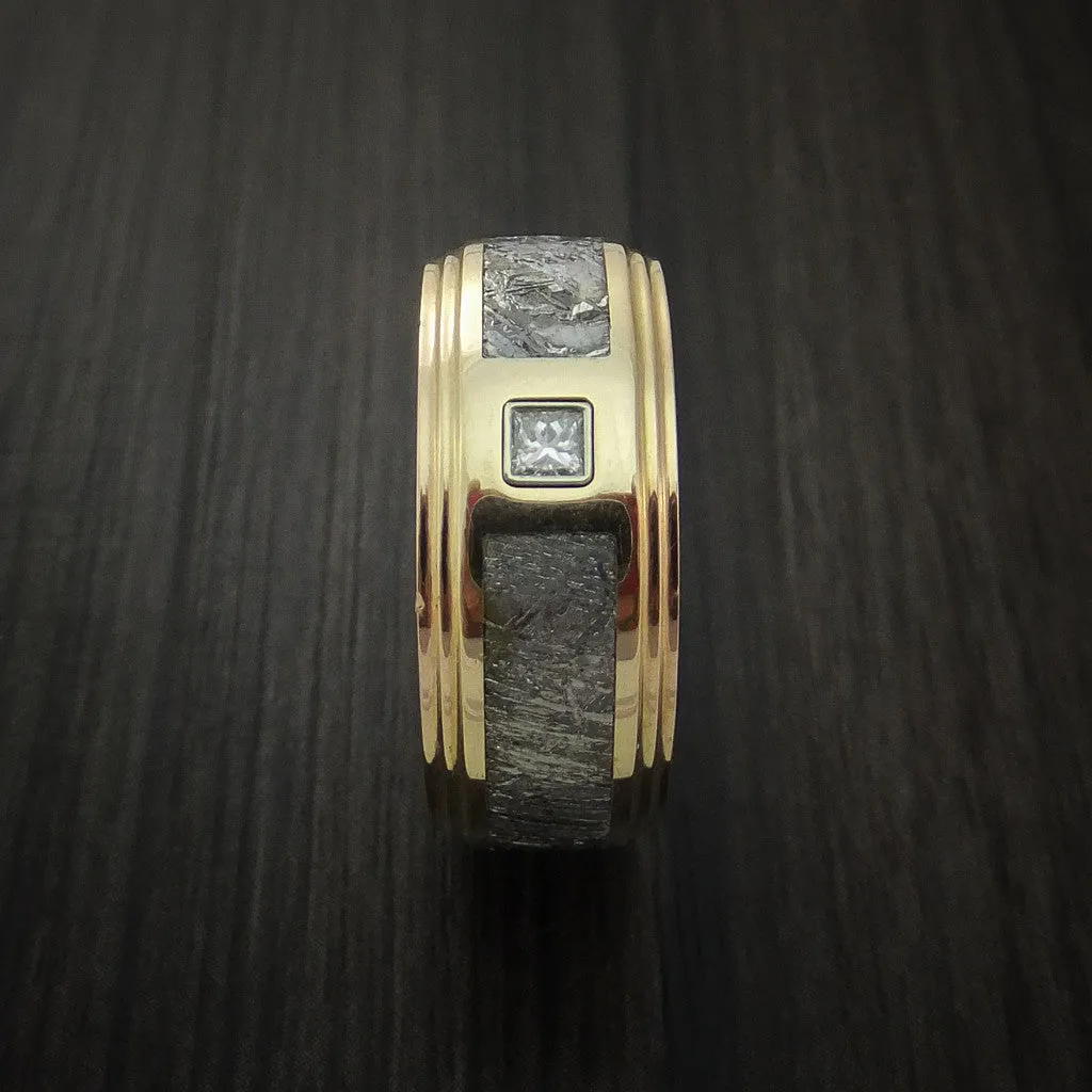 14K Yellow Gold and Meteorite Men's Ring with Beautiful Diamond Custom Made