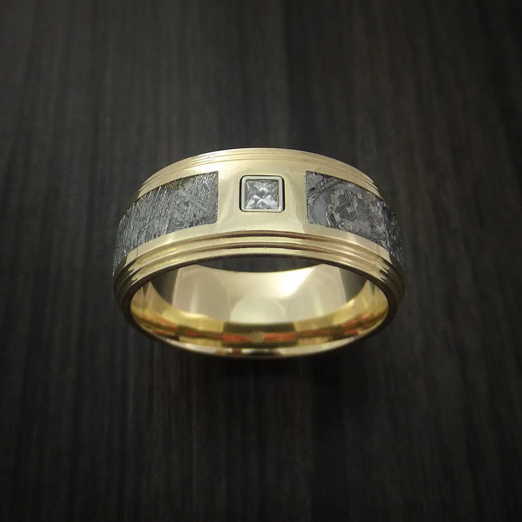 14K Yellow Gold and Meteorite Men's Ring with Beautiful Diamond Custom Made