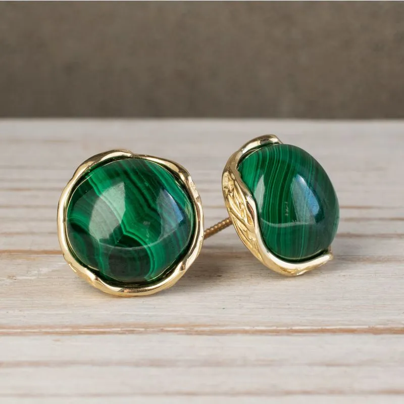 14K Yellow Gold Round Green Malachite 12mm Stud Earrings