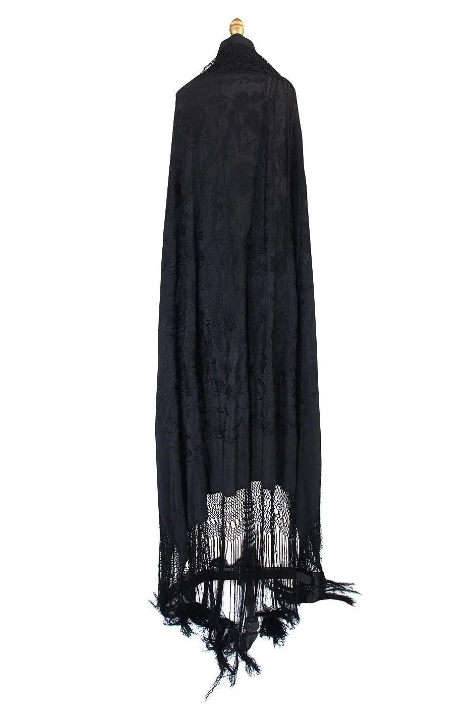 1920s Black on Black Silk Embroidered Piano Shawl