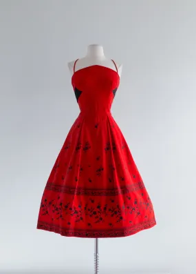 1950's Red Velveteen Party Dress With Black Embroidery By David Hart / Waist 27