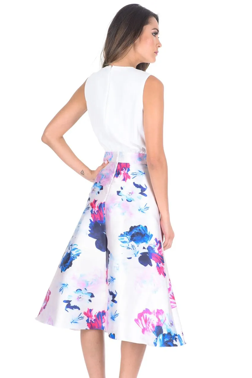 2 In 1 Cream Printed Skater Skirt Midi Dress