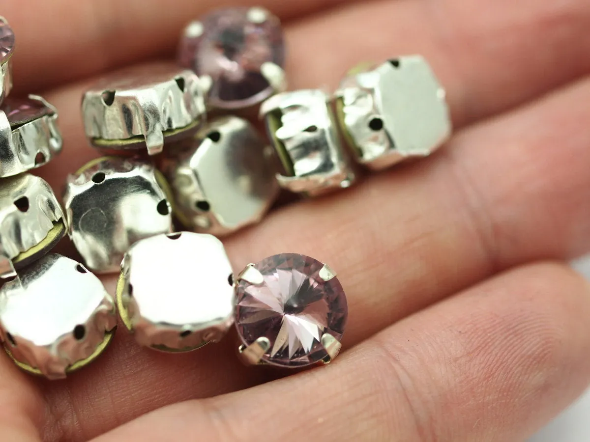 8 Pcs ss47 Light Amethyst Rivoli Sew On Rhinestone Silver Plated Brass Prong Setting 4 Hole Slider 10.5mm Y258