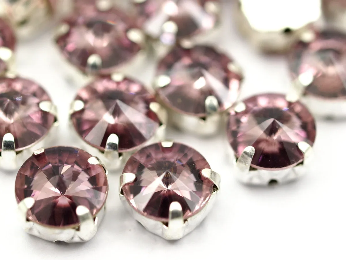 8 Pcs ss47 Light Amethyst Rivoli Sew On Rhinestone Silver Plated Brass Prong Setting 4 Hole Slider 10.5mm Y258