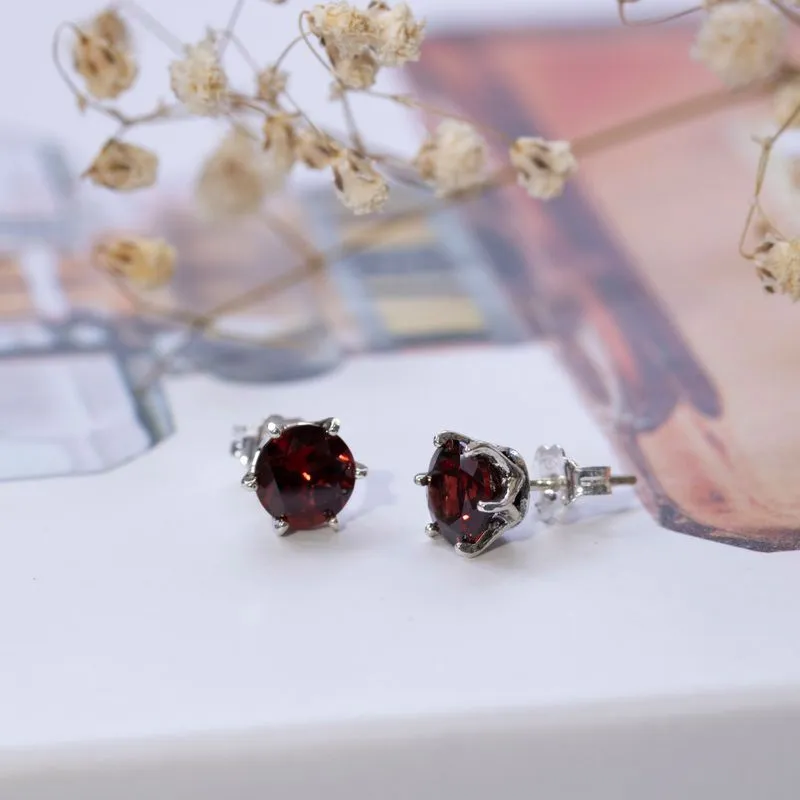 925 Silver Garnet Studs - 7mm Handmade January Birthstone Earrings