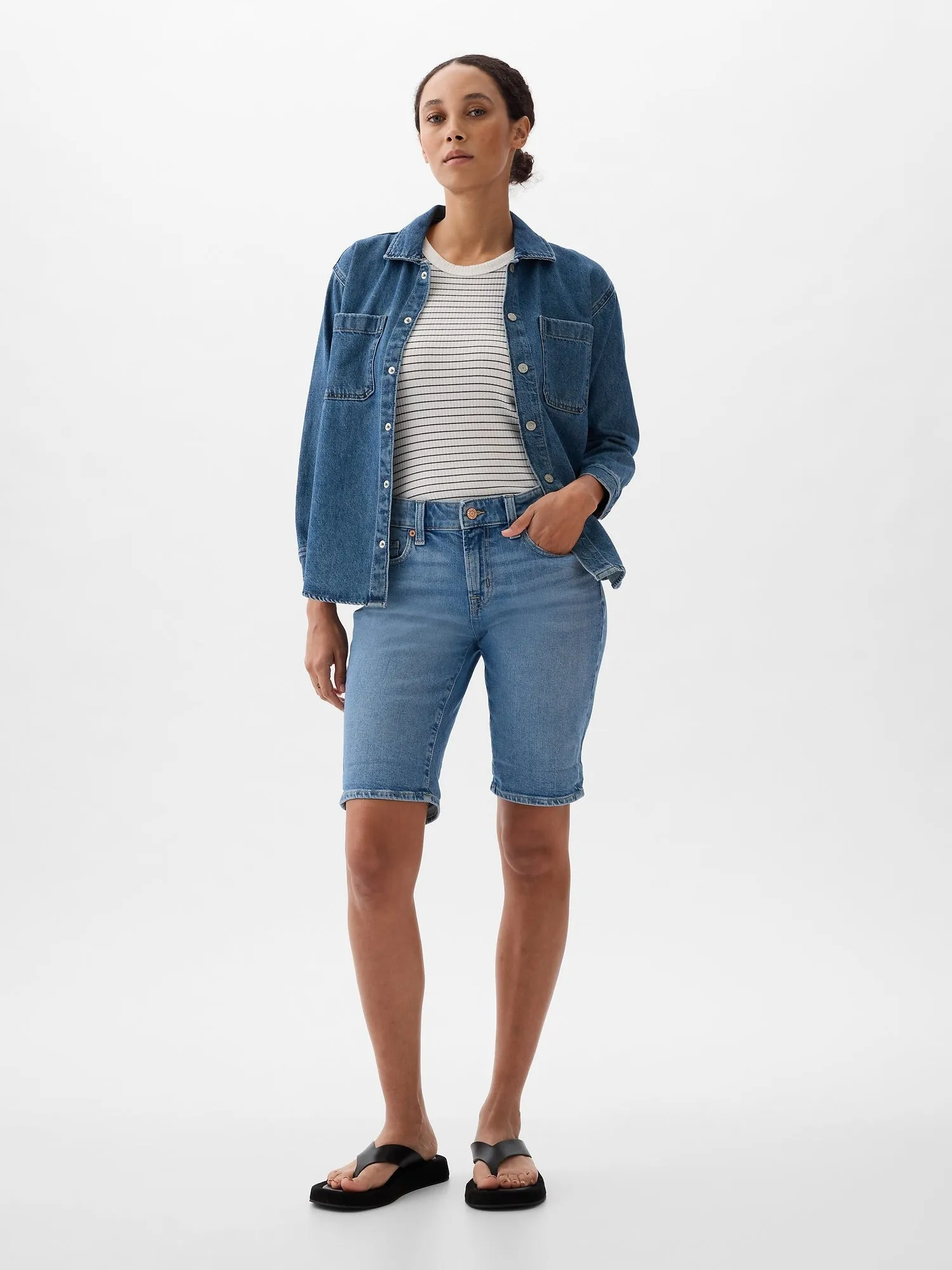 9" Mid Rise Denim Bermuda Shorts