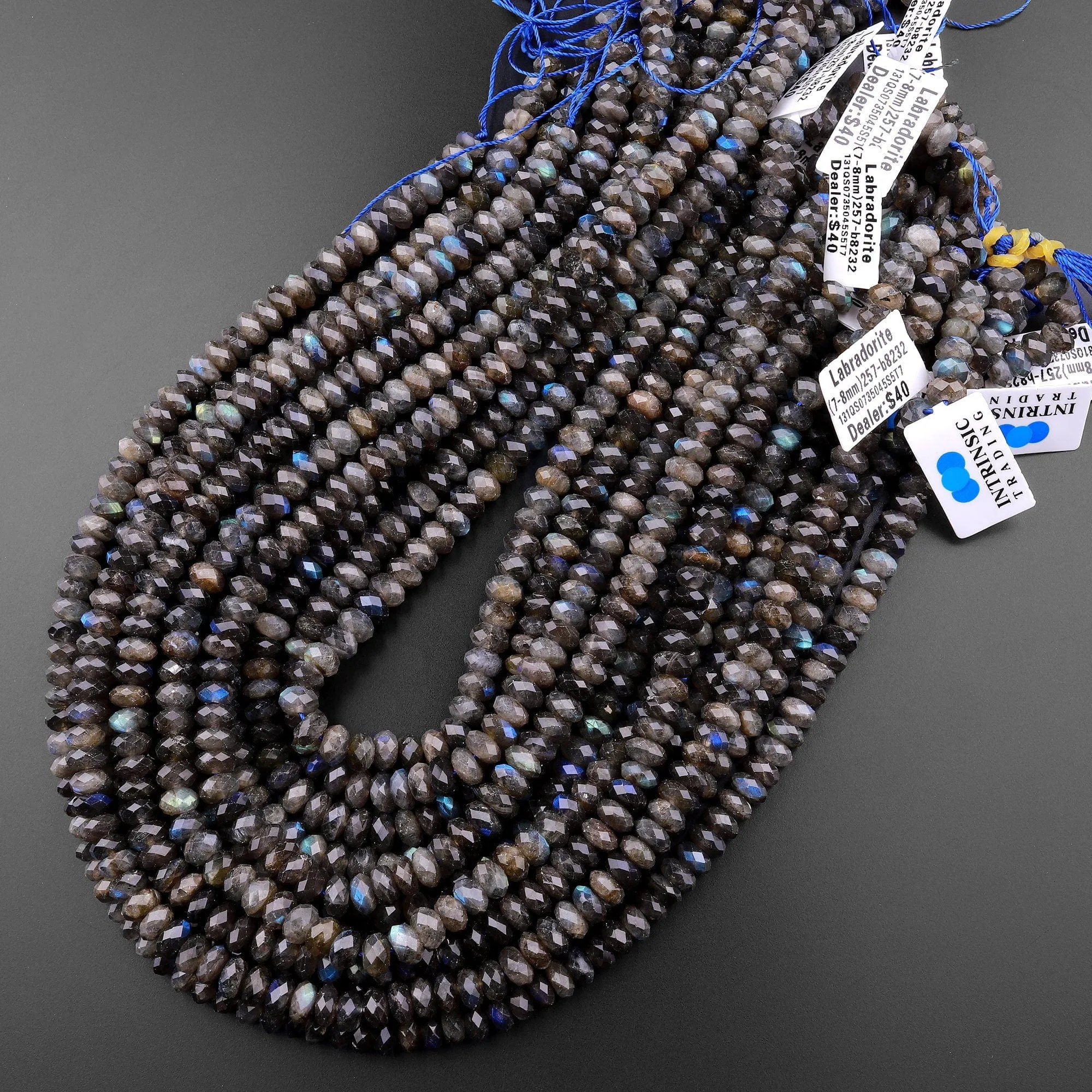 AA Faceted Dark Labradorite Rondelle Beads 7mm 8mm 9mm Brilliant Rainbow Blue Flashes Fire 15.5" Strand