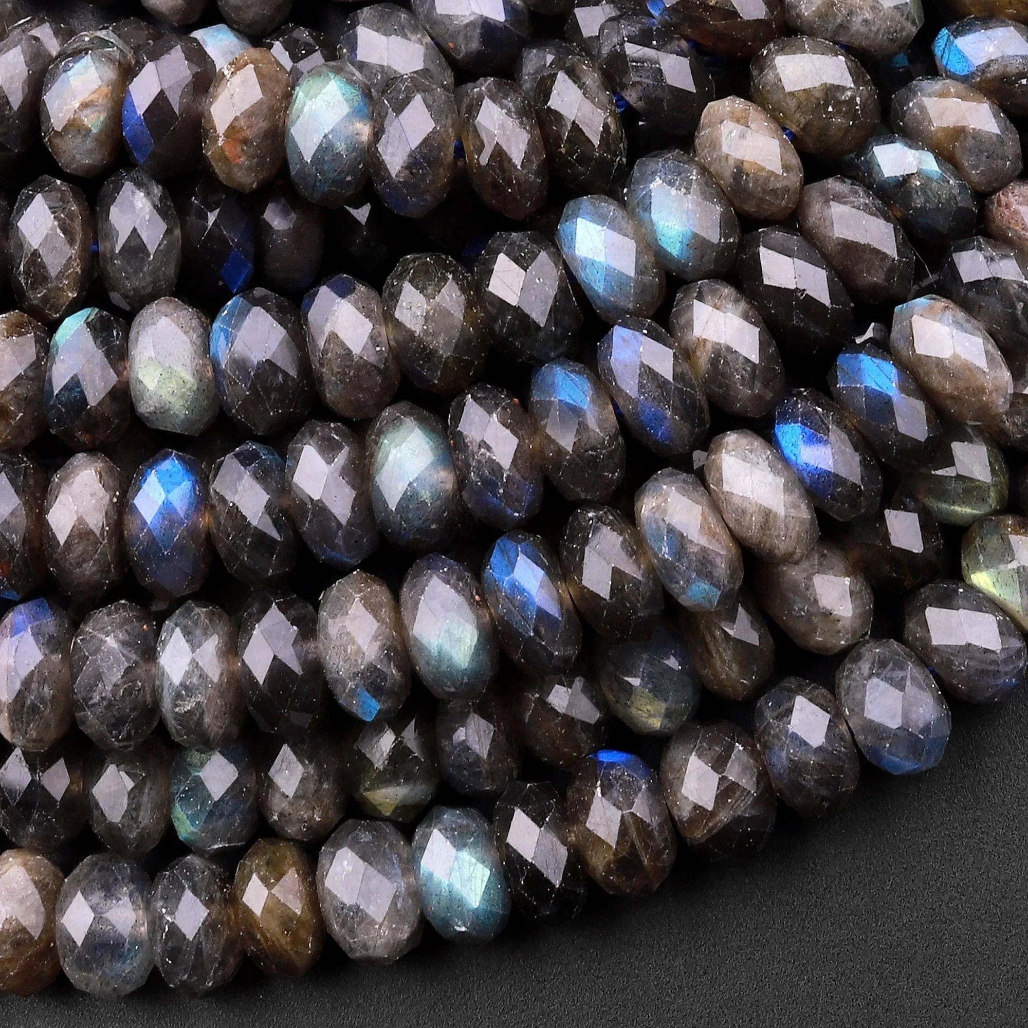 AA Faceted Dark Labradorite Rondelle Beads 7mm 8mm 9mm Brilliant Rainbow Blue Flashes Fire 15.5" Strand