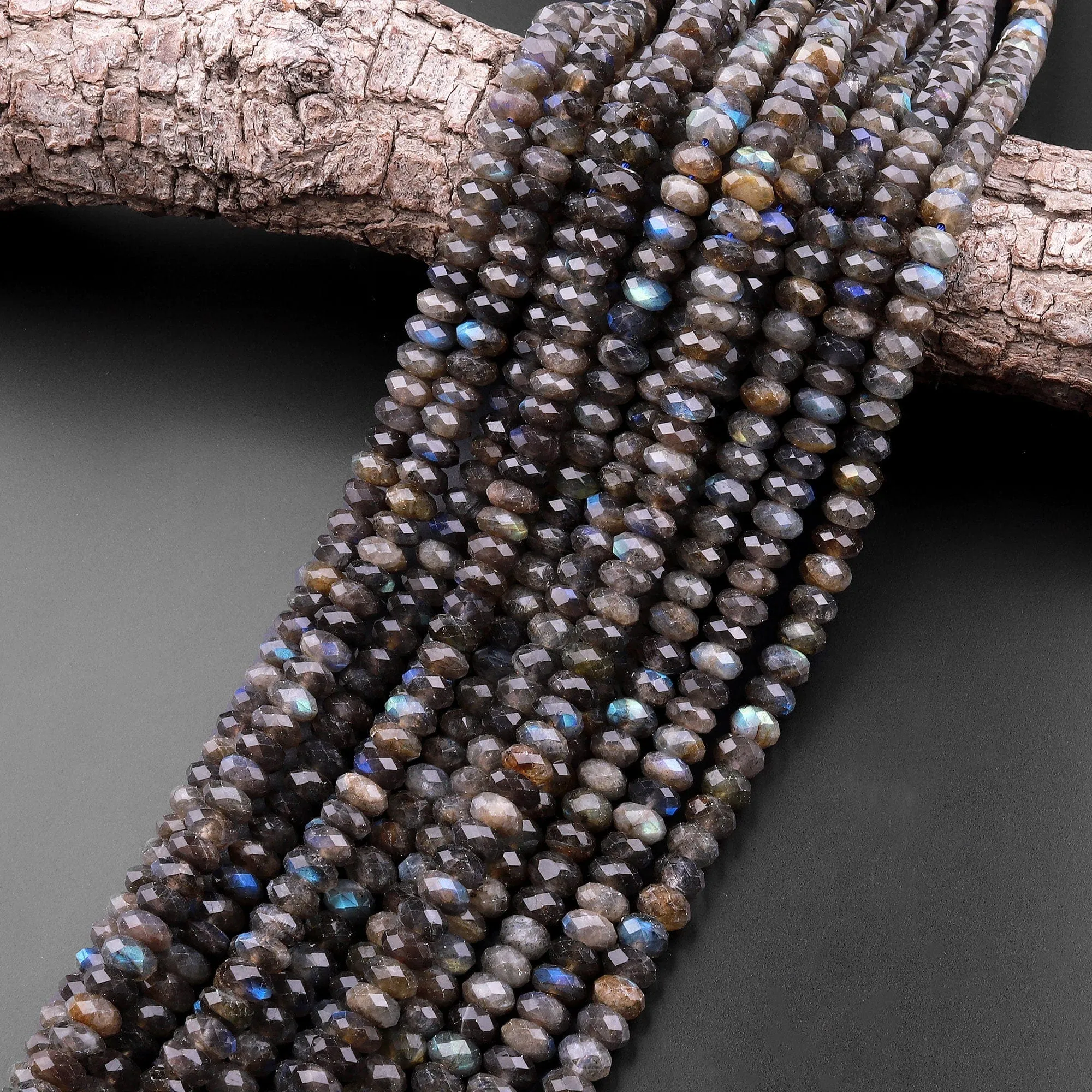 AA Faceted Dark Labradorite Rondelle Beads 7mm 8mm 9mm Brilliant Rainbow Blue Flashes Fire 15.5" Strand