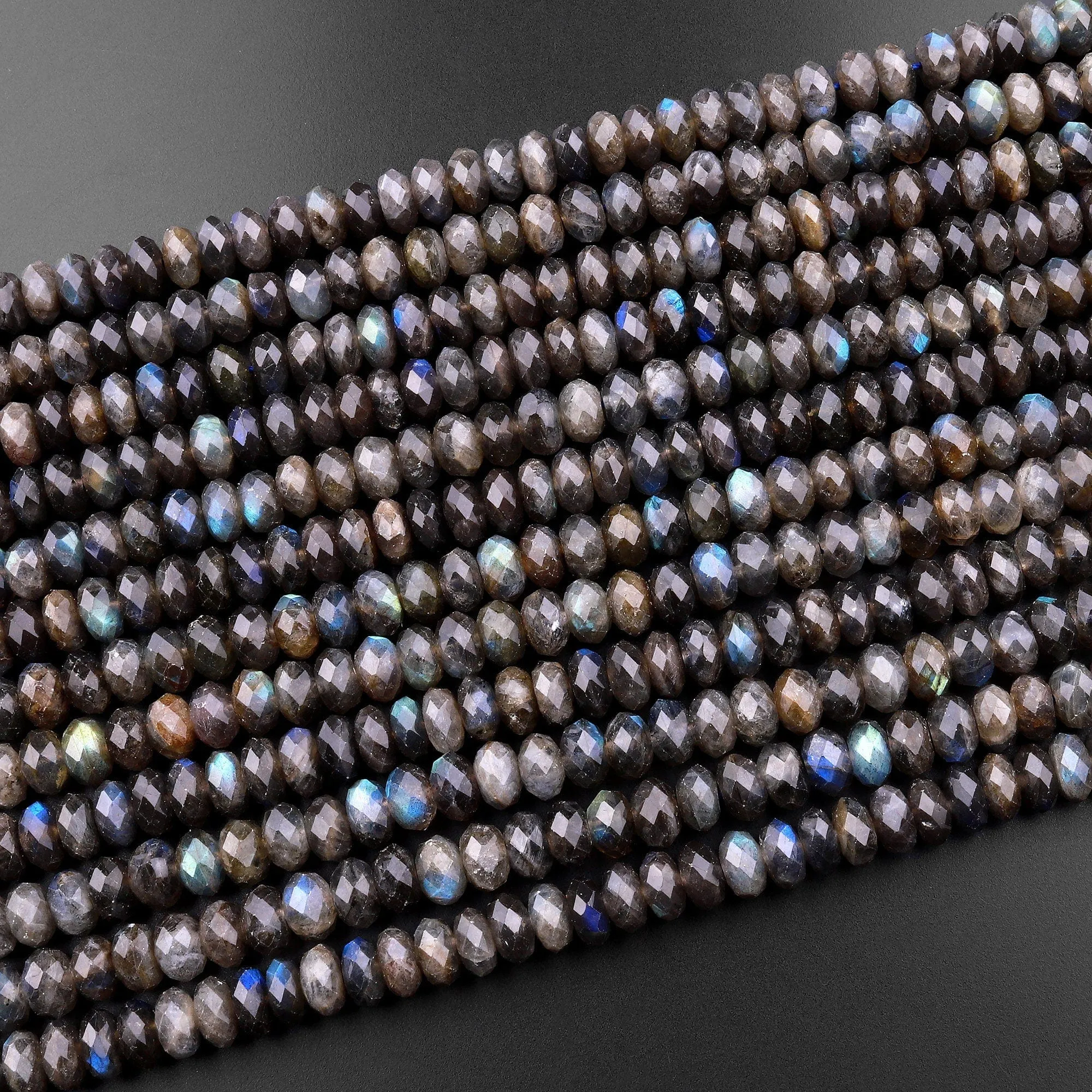 AA Faceted Dark Labradorite Rondelle Beads 7mm 8mm 9mm Brilliant Rainbow Blue Flashes Fire 15.5" Strand