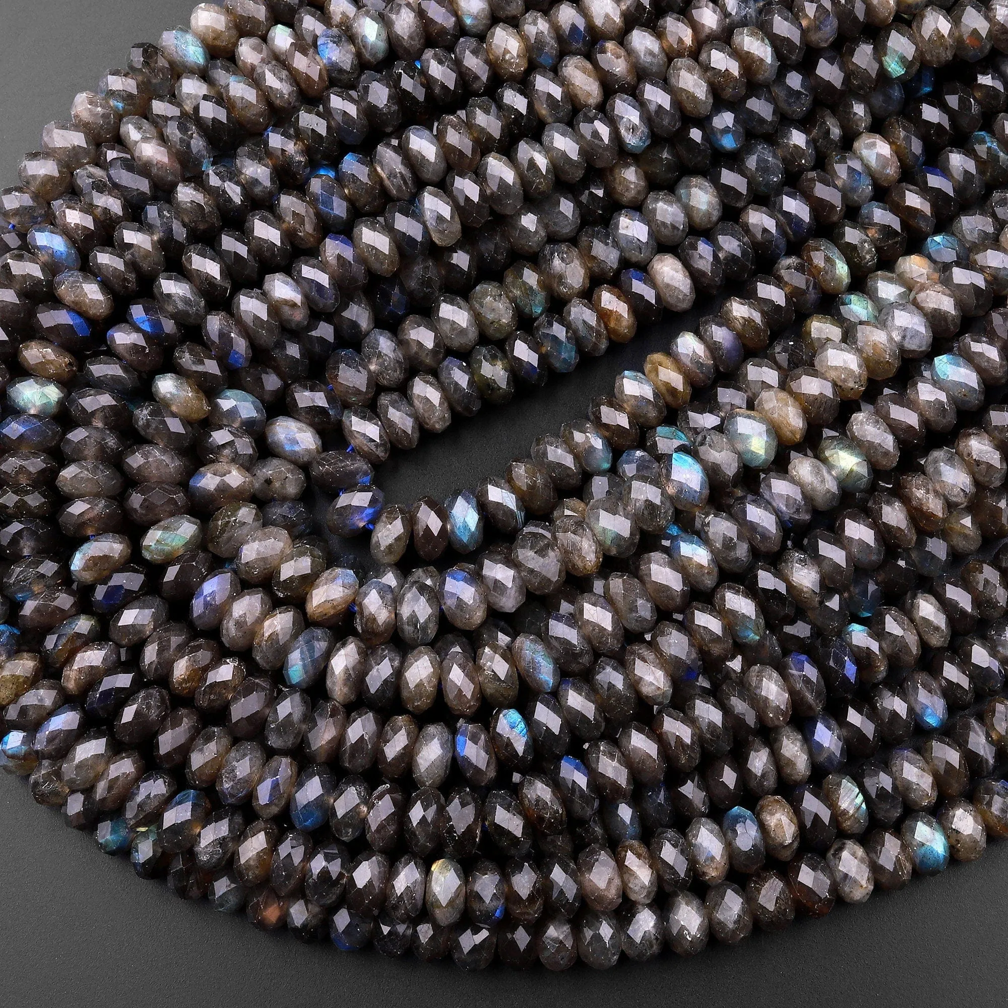 AA Faceted Dark Labradorite Rondelle Beads 7mm 8mm 9mm Brilliant Rainbow Blue Flashes Fire 15.5" Strand