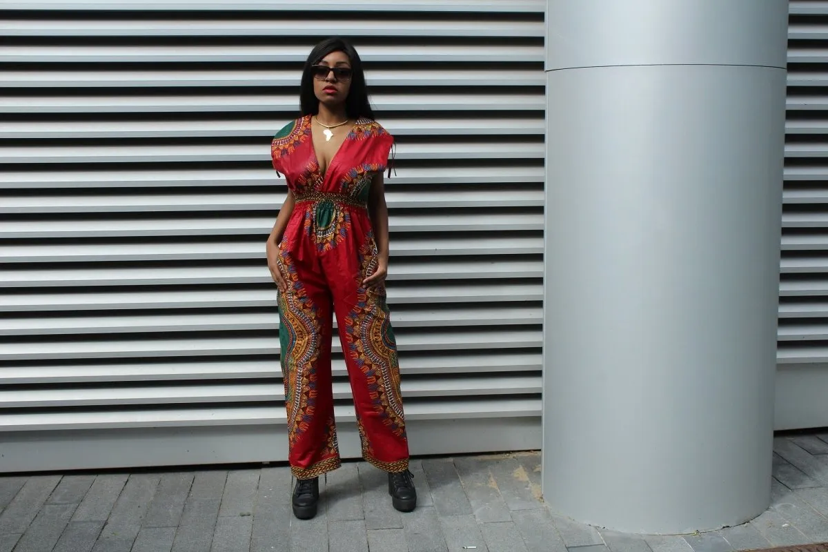 African Jumpsuit in Red Dashiki