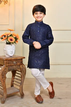 Ahhaaaa Kid's Sequin Print Embroidery Mirror Work Kurta with Pajama for Boys