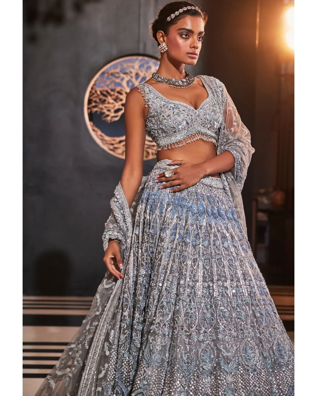 Aromatic Ice blue Embroidered Organza Lehenga Set