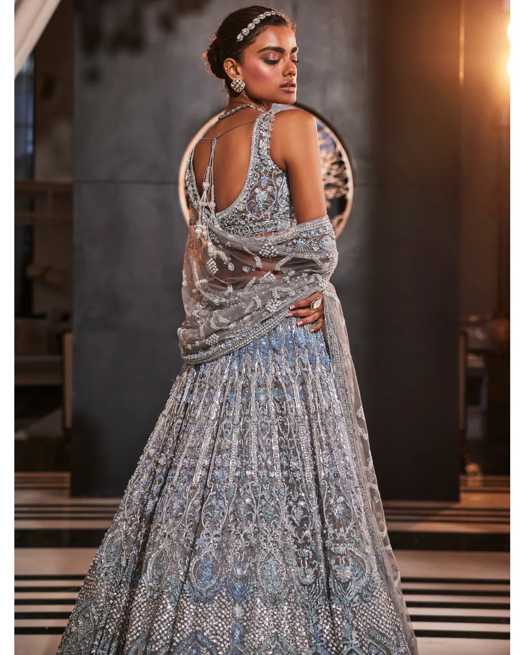 Aromatic Ice blue Embroidered Organza Lehenga Set