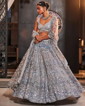 Aromatic Ice blue Embroidered Organza Lehenga Set