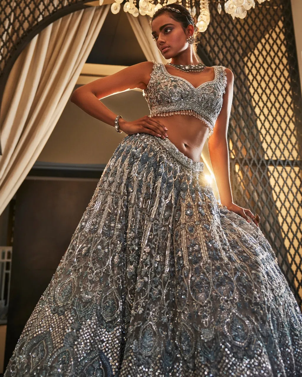 Aromatic Ice blue Embroidered Organza Lehenga Set