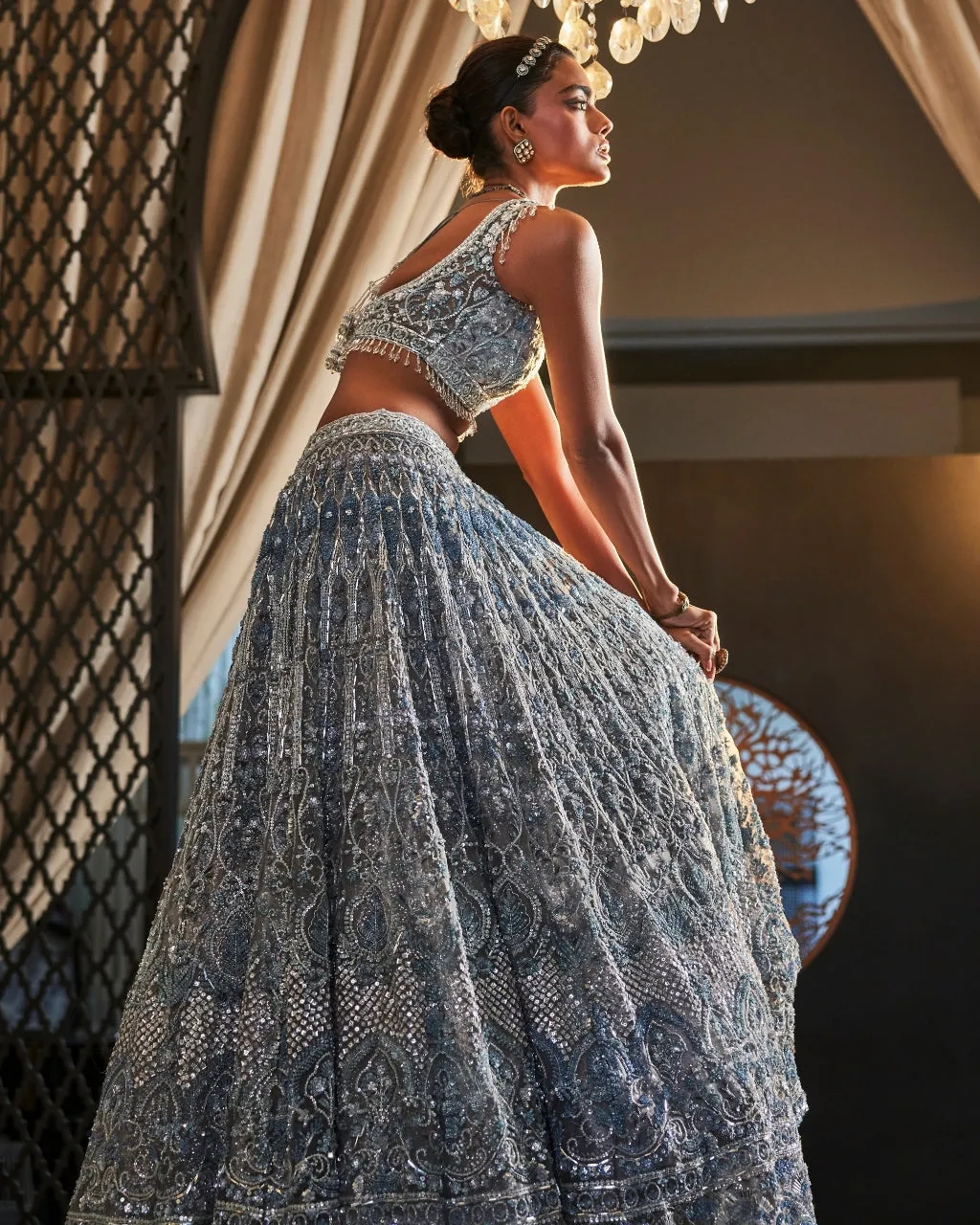 Aromatic Ice blue Embroidered Organza Lehenga Set