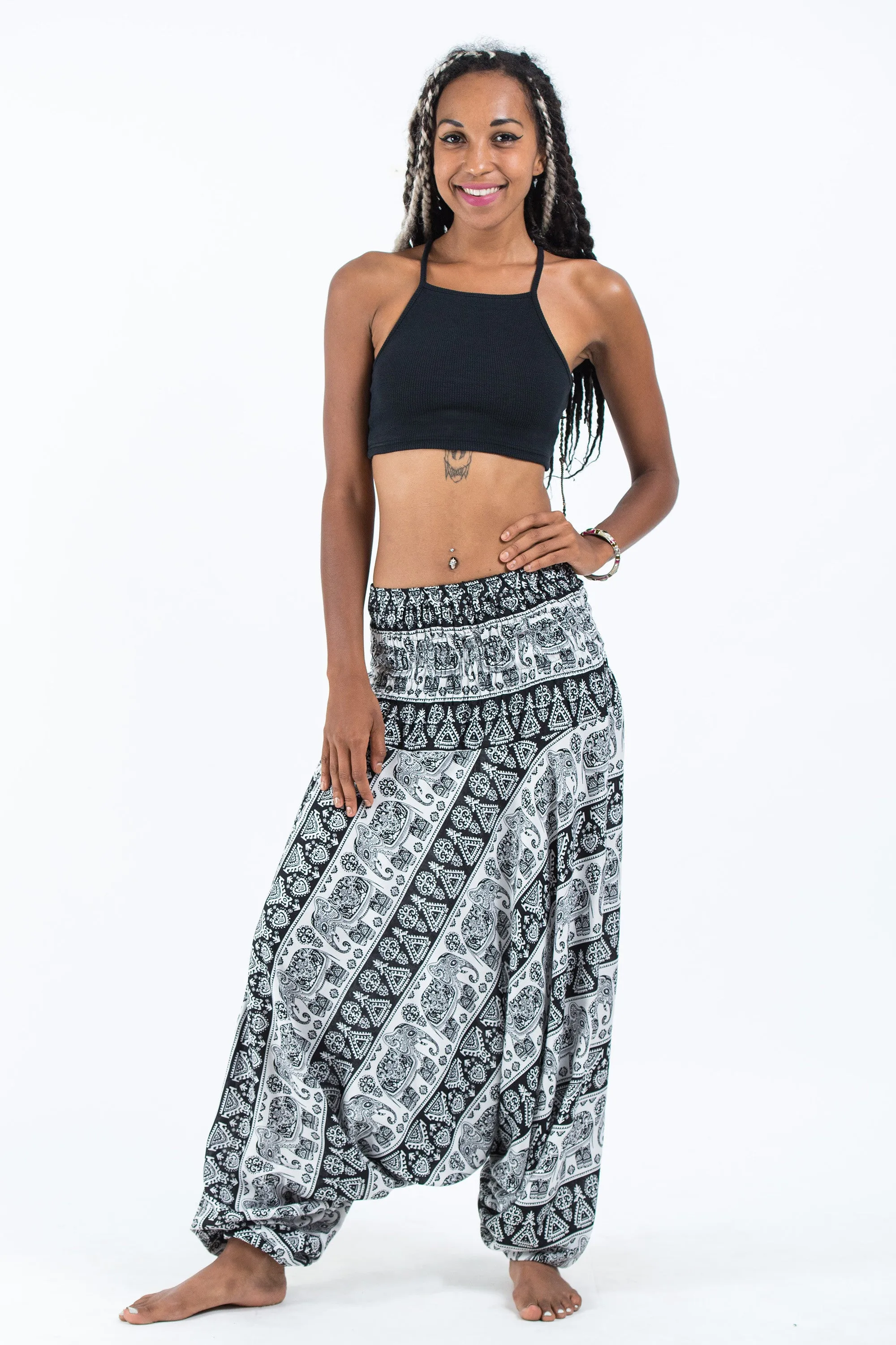 Aztec Elephant 2-in-1 Jumpsuit Elephant Pants in Black White