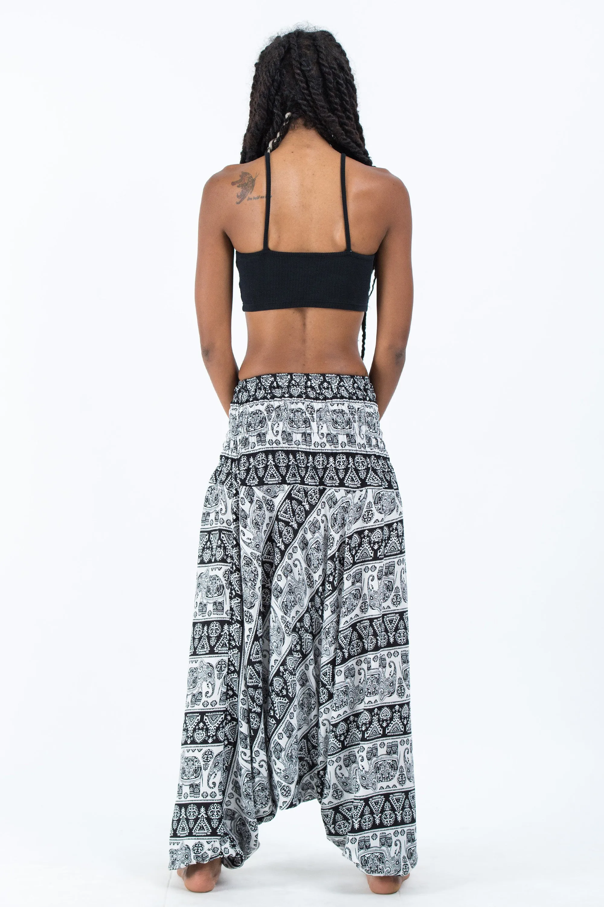 Aztec Elephant 2-in-1 Jumpsuit Elephant Pants in Black White