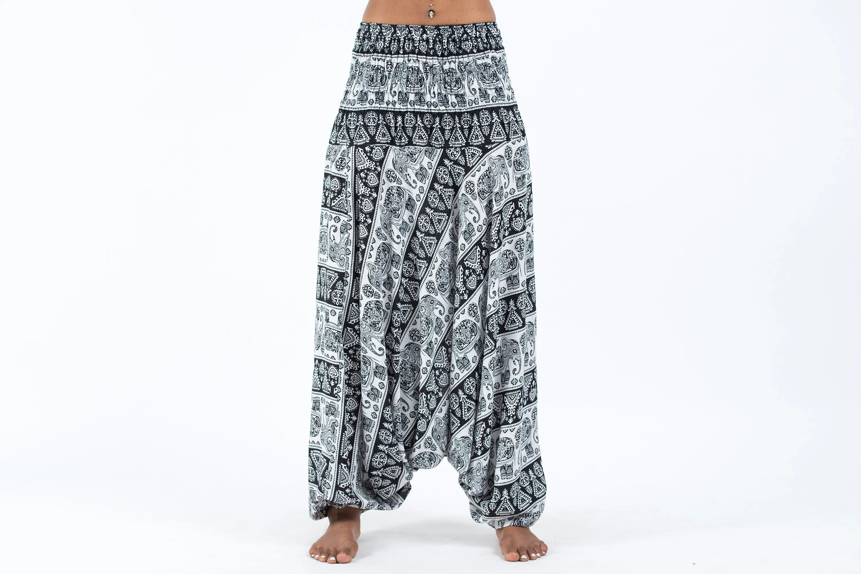 Aztec Elephant 2-in-1 Jumpsuit Elephant Pants in Black White