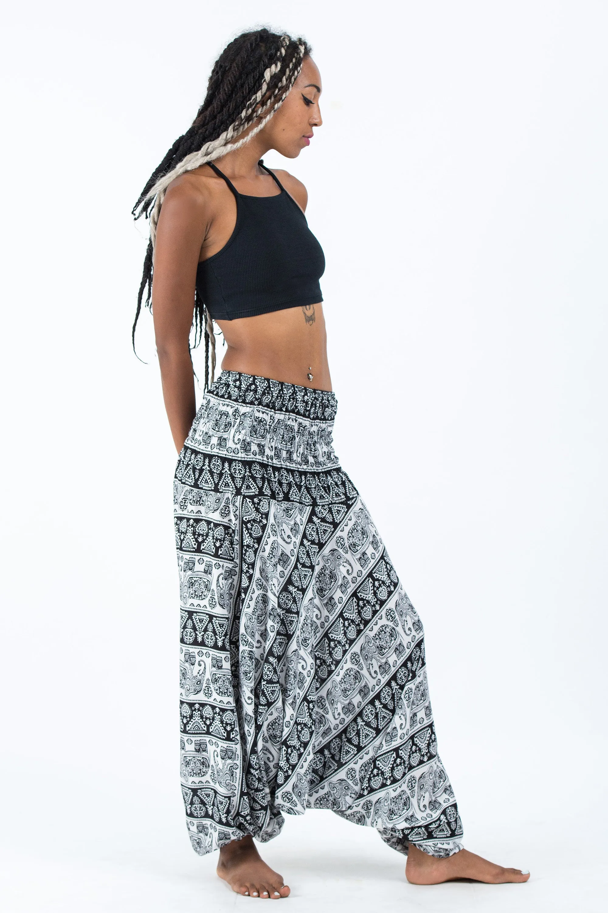 Aztec Elephant 2-in-1 Jumpsuit Elephant Pants in Black White