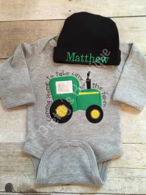 Baby Boy Coming Home Outfit -- Coming home to take care of the farm bodysuit with Hat with Embroidered Name