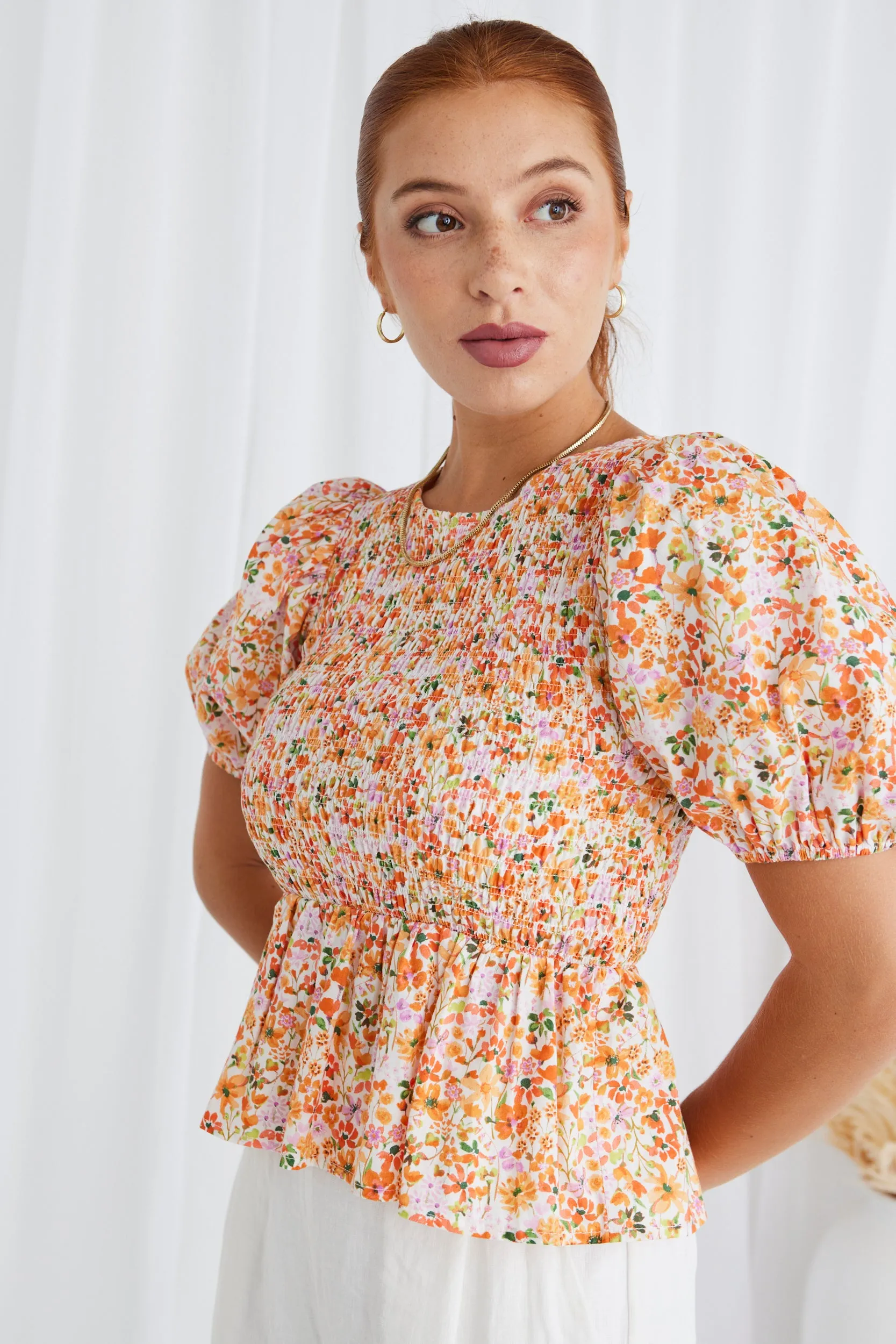 Beholden Orange Wild Floral Shirred Bodice Ss Top