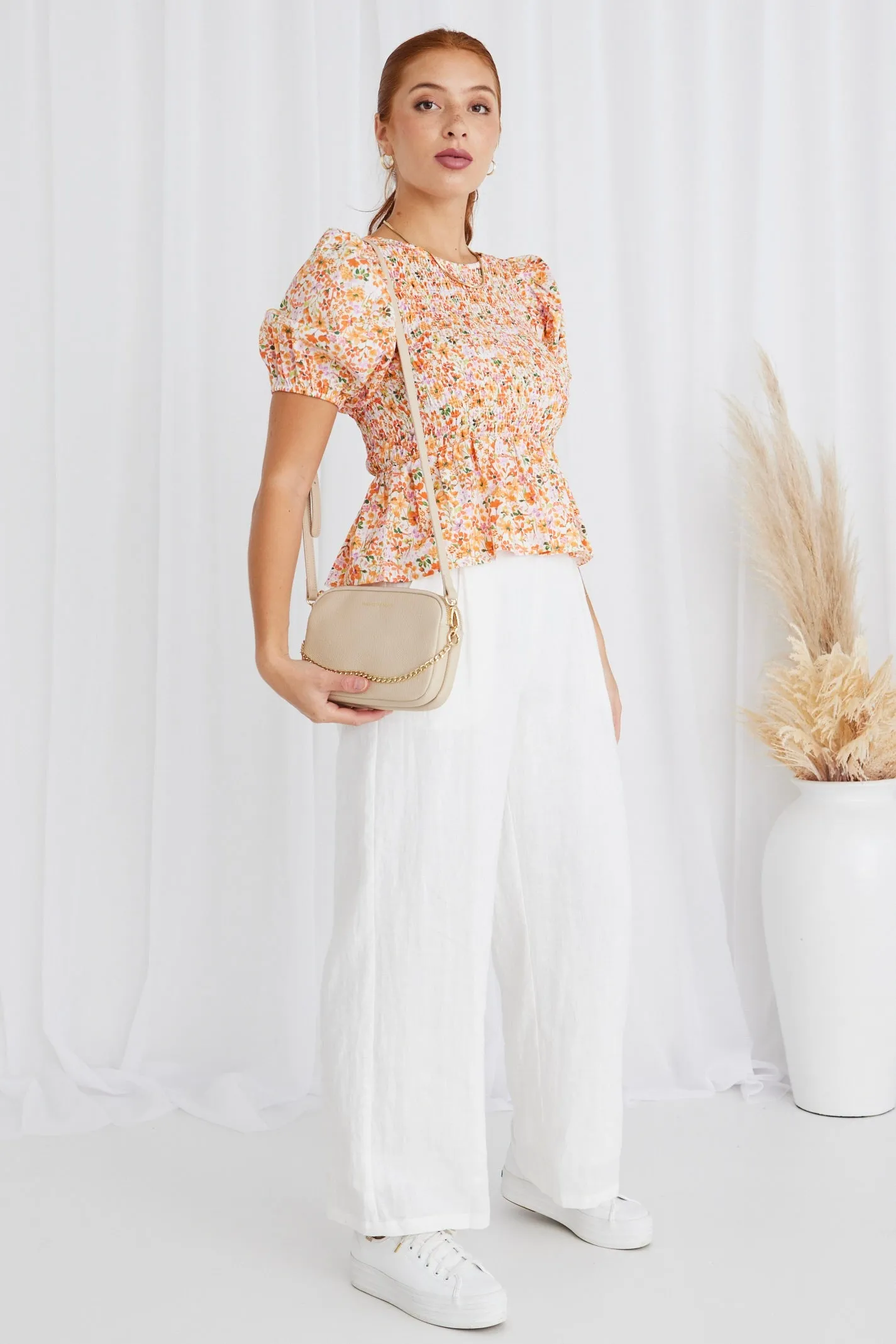 Beholden Orange Wild Floral Shirred Bodice Ss Top