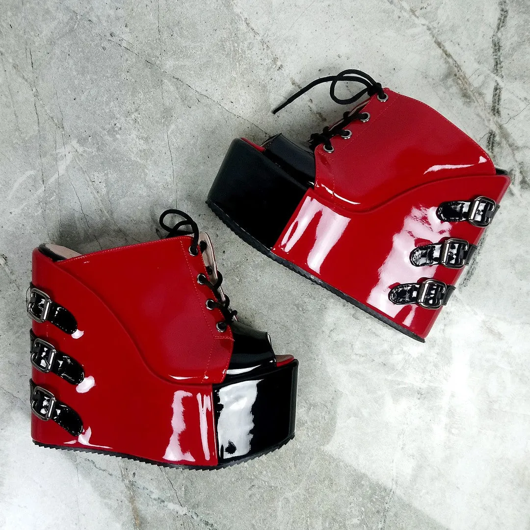 Belted Red  Black Platform Heel Wedge Mules