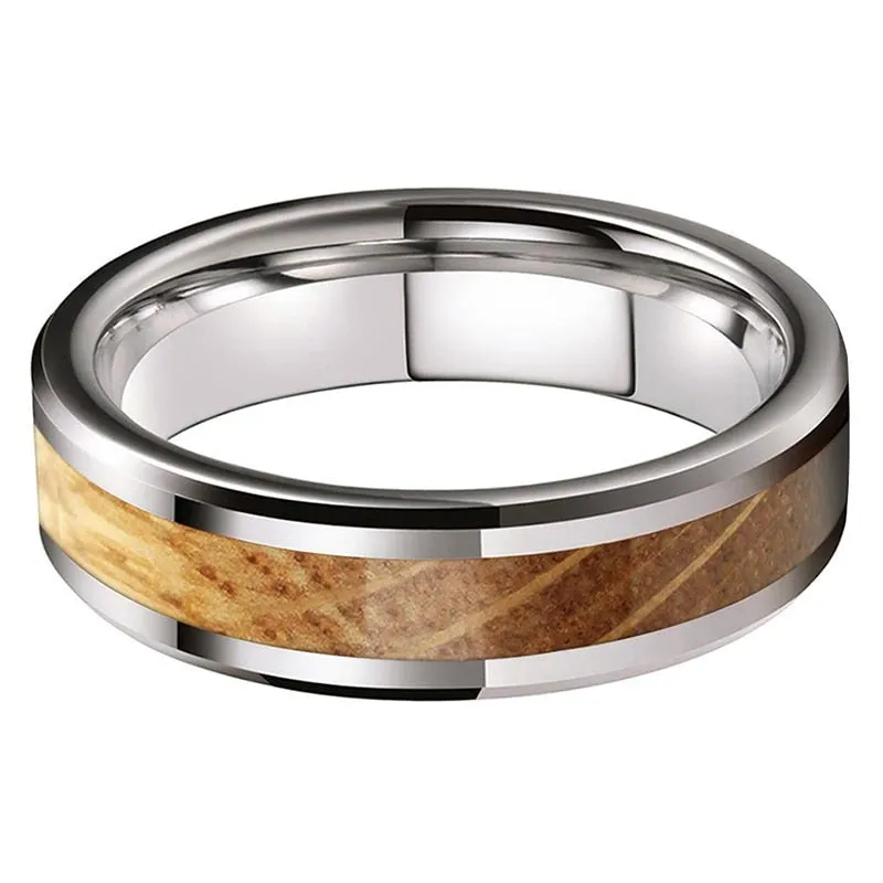 Beveled Edge Whiskey Oak Inlay & Silver Tungsten Ring (6mm)