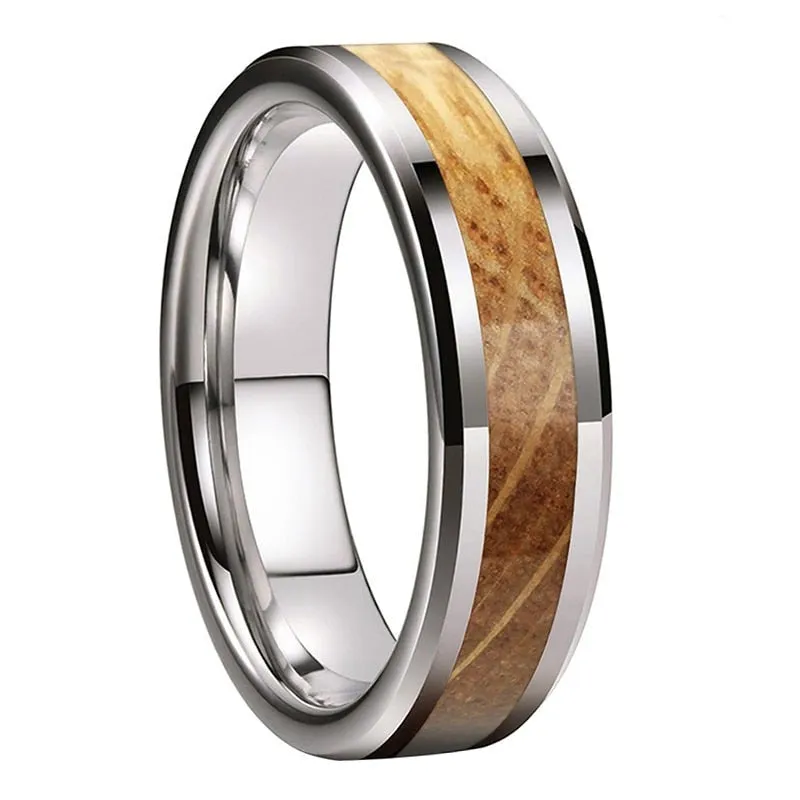 Beveled Edge Whiskey Oak Inlay & Silver Tungsten Ring (6mm)