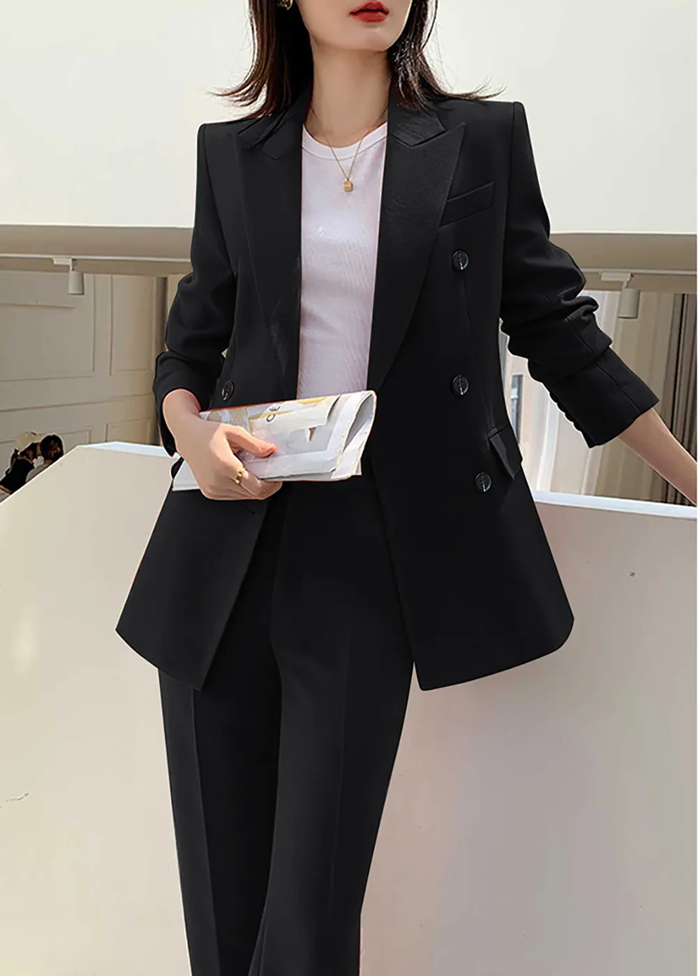 Black Double Breasted Blazer Pants Suit Two-Piece Set