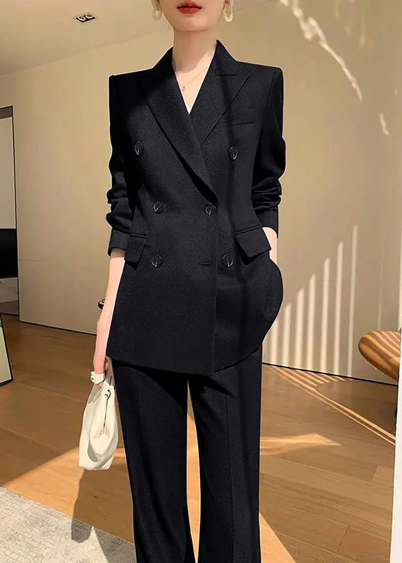 Black Double Breasted Blazer Pants Suit Two-Piece Set