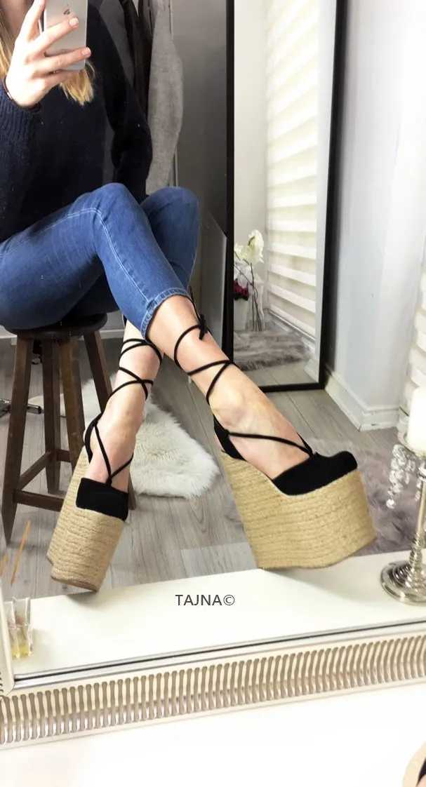 Black Lace Up High Heel Wedge Sandals