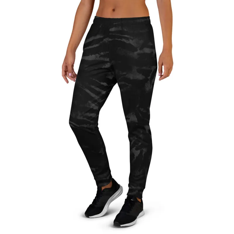 Black Tiger Stripe Women's Joggers, Animal Print Soft Skinny Ladies Sweatpants-Made in EU