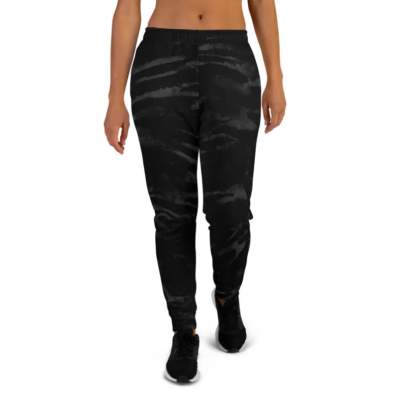 Black Tiger Stripe Women's Joggers, Animal Print Soft Skinny Ladies Sweatpants-Made in EU