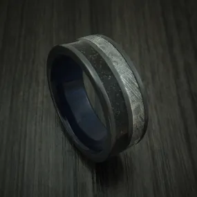 Black Titanium Dinosaur Bone and Gibeon Meteorite Men's Ring with Wood Sleeve Custom Made Fossil Band